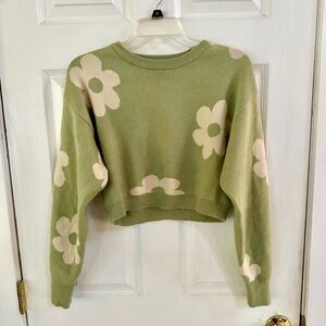 Light Green Sweater with Cream Flowers Size XS